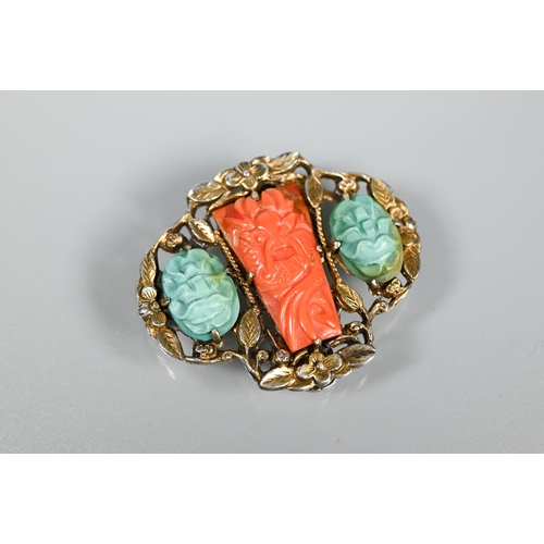 274 - An Oriental vintage part buckle set carved coral and turquoise to/w an oval ceramic set brooch featu... 