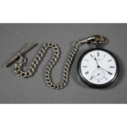 277 - An Omega gun-metal open-faced pocket watch, retailed by John Alexaki of Cairo, on silver single Albe... 