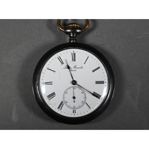 277 - An Omega gun-metal open-faced pocket watch, retailed by John Alexaki of Cairo, on silver single Albe... 