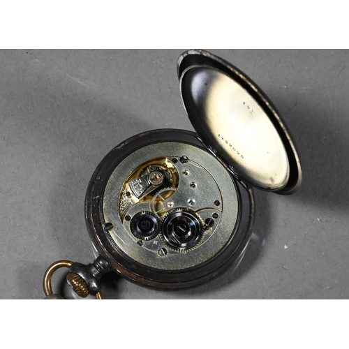 277 - An Omega gun-metal open-faced pocket watch, retailed by John Alexaki of Cairo, on silver single Albe... 