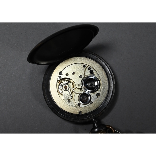 277 - An Omega gun-metal open-faced pocket watch, retailed by John Alexaki of Cairo, on silver single Albe... 