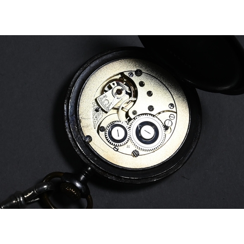 277 - An Omega gun-metal open-faced pocket watch, retailed by John Alexaki of Cairo, on silver single Albe... 