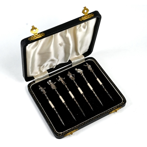 28 - A cased set of six novelty silver cocktail sticks, Bishton's Ltd, Birmingham 1958