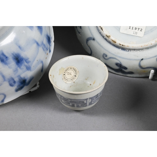 287 - Four pieces of early 19th century Chinese 'Tek Sing' salvaged blue and white ship-wreck porcelain in... 