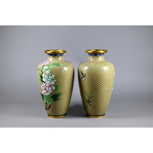 306 - A pair of 20th century Chinese cloisonne vases, buff ground with exotic birds and branches of flower... 