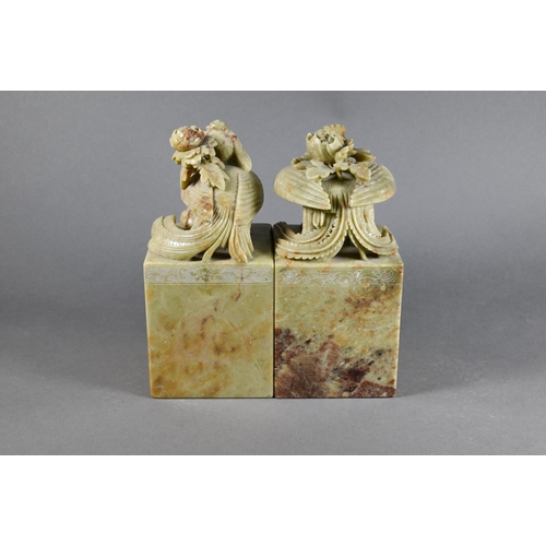 307 - A pair of early 20th century Chinese carved soapstone bookends, over-sized chop seal square form sur... 