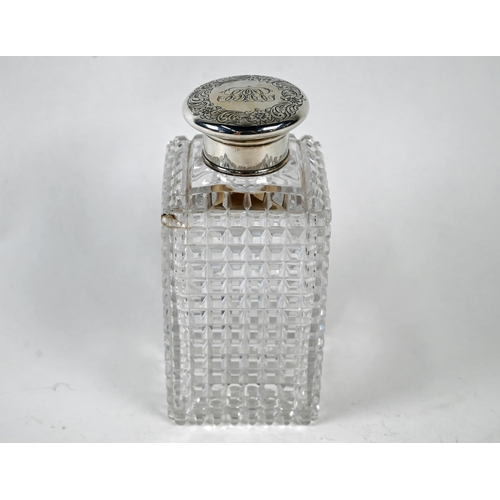 31 - A Victorian hobnail-cut square cologne bottle with silver bun cover, London 1854, 15 cm high