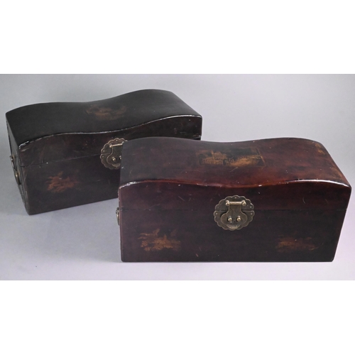 310A - Two vintage Chinese leather covered pillow boxes with brass mounts and gilt decoration, the paper li... 