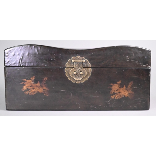 310A - Two vintage Chinese leather covered pillow boxes with brass mounts and gilt decoration, the paper li... 