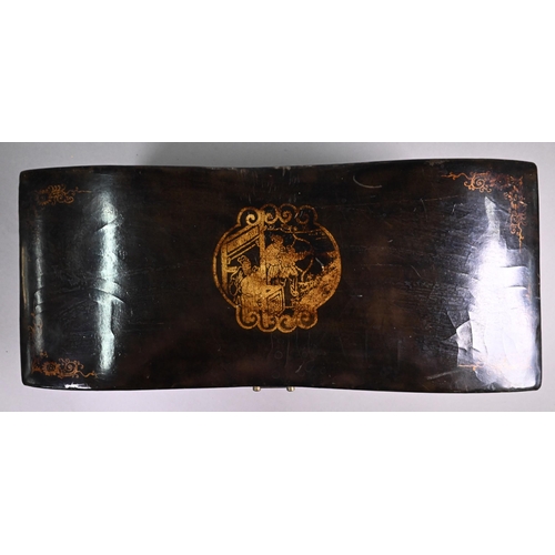 310A - Two vintage Chinese leather covered pillow boxes with brass mounts and gilt decoration, the paper li... 