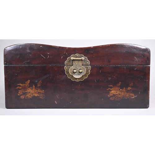 310A - Two vintage Chinese leather covered pillow boxes with brass mounts and gilt decoration, the paper li... 