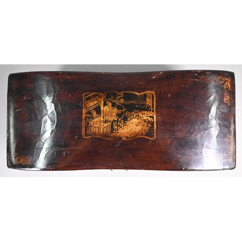 310A - Two vintage Chinese leather covered pillow boxes with brass mounts and gilt decoration, the paper li... 