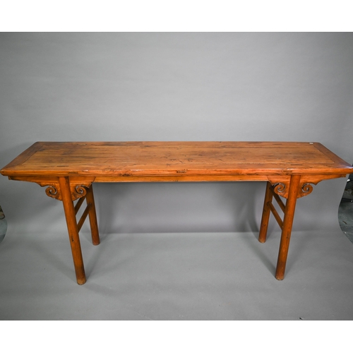 326 - An antique Chinese elm and hardwood altar table, raised on turned supports, 190 cm x 45.5 cm x 81 cm... 