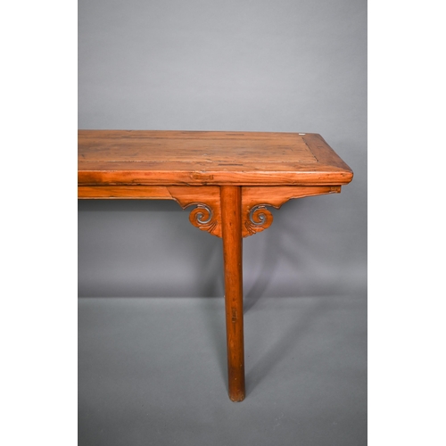 326 - An antique Chinese elm and hardwood altar table, raised on turned supports, 190 cm x 45.5 cm x 81 cm... 