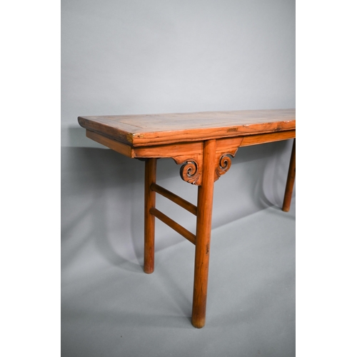 326 - An antique Chinese elm and hardwood altar table, raised on turned supports, 190 cm x 45.5 cm x 81 cm... 