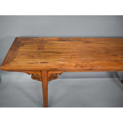 326 - An antique Chinese elm and hardwood altar table, raised on turned supports, 190 cm x 45.5 cm x 81 cm... 