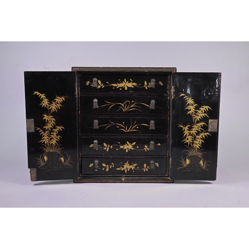 330A - Early 20th century Japanese Ko Dansu black lacquered cabinet with gilded Maki-e decoration of figure... 