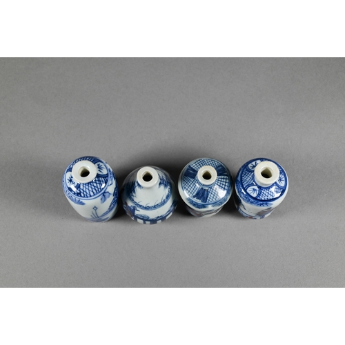 336 - Four Chinese underglaze blue and copper red snuff bottles painted with figural narrative scenes, lar... 