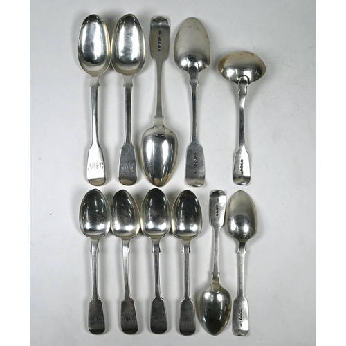 34 - A matched part set of mostly Victorian fiddle pattern flatware, comprising six dessert spoons, four ... 