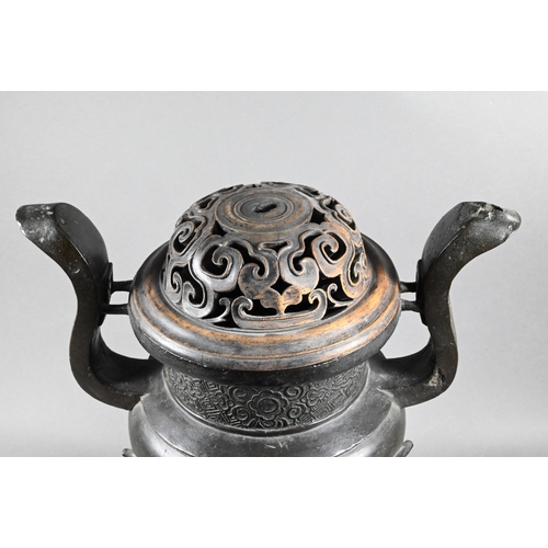 341 - An antique large Chinese archaistic bronze tripod censer or incense burner (Ding) the pair of 's' sh... 