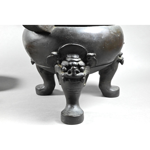 341 - An antique large Chinese archaistic bronze tripod censer or incense burner (Ding) the pair of 's' sh... 