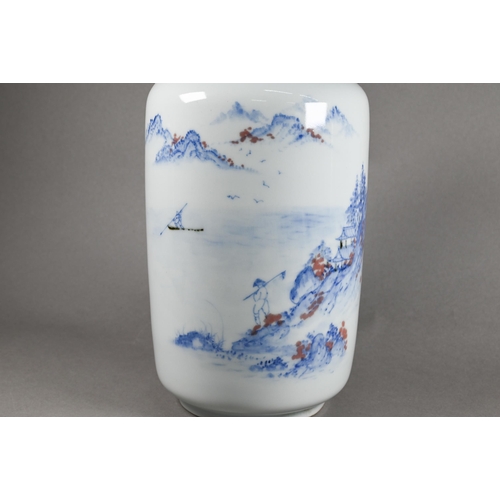 346 - A Chinese cylindrical lantern vase, denlong ping, painted in underglaze blue and copper red with fig... 