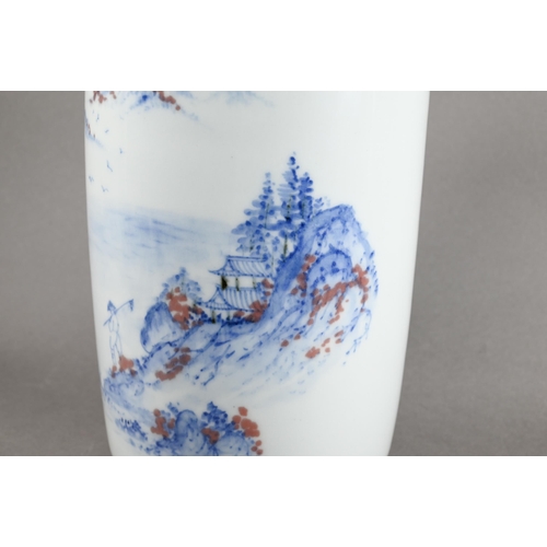 346 - A Chinese cylindrical lantern vase, denlong ping, painted in underglaze blue and copper red with fig... 