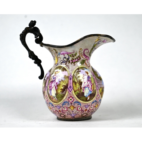 35 - A 19th century Vienna (probably) silver and enamel cream jug with winged caryatid scroll handle, the... 