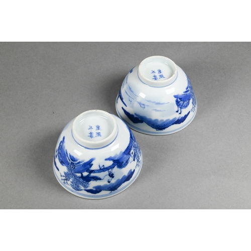 353 - A pair of 19th century Chinese blue and white tea bowls painted in underglaze blue with a figure lea... 