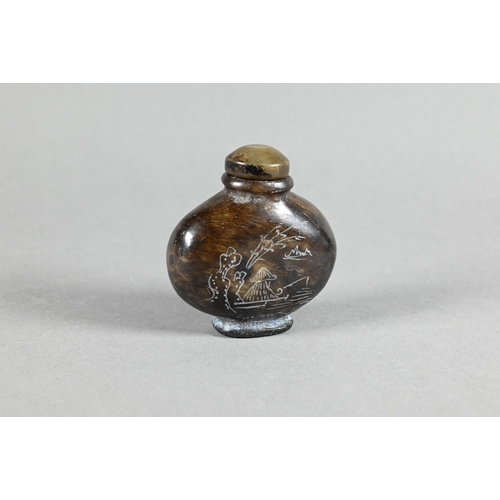 357 - A Chinese hardwood snuff bottle and stopper, stippled and carved in relief with taotie mask decorati... 