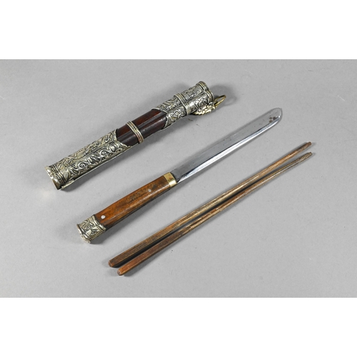 358 - A Chinese hardwood and  metal mounted trousse set with knife and chopsticks to/w a small collection ... 