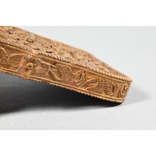 359 - A 19th century Chinese Canton sandalwood card case profusely carved with a village scene, dwellings ... 