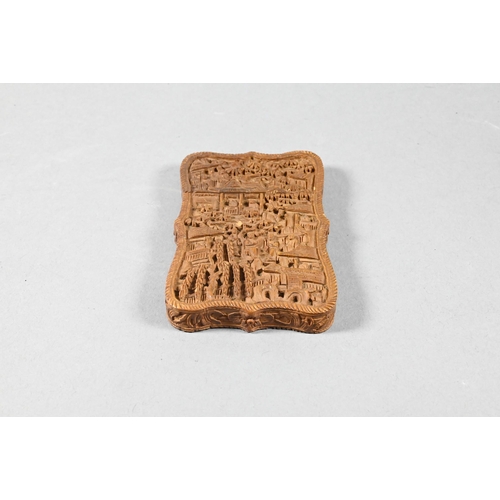 359 - A 19th century Chinese Canton sandalwood card case profusely carved with a village scene, dwellings ... 