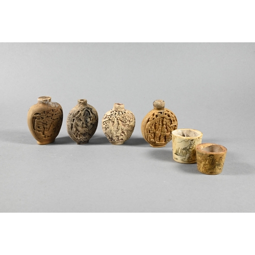 360 - Ten Chinese carved wood and composite moulded snuff bottles (some with stoppers) to/w an inside pain... 