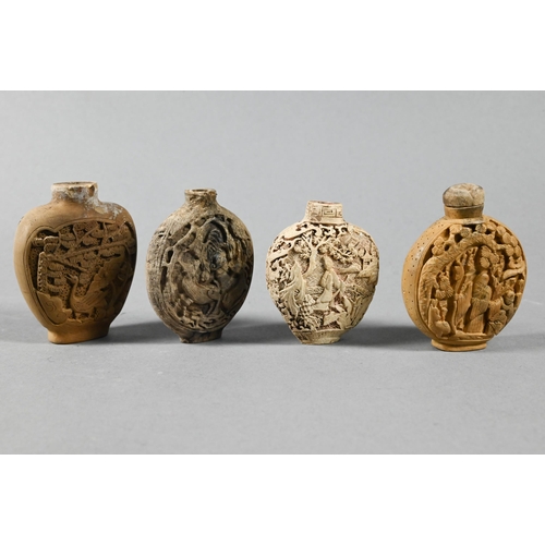 360 - Ten Chinese carved wood and composite moulded snuff bottles (some with stoppers) to/w an inside pain... 