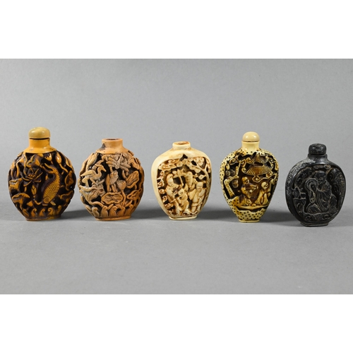 360 - Ten Chinese carved wood and composite moulded snuff bottles (some with stoppers) to/w an inside pain... 