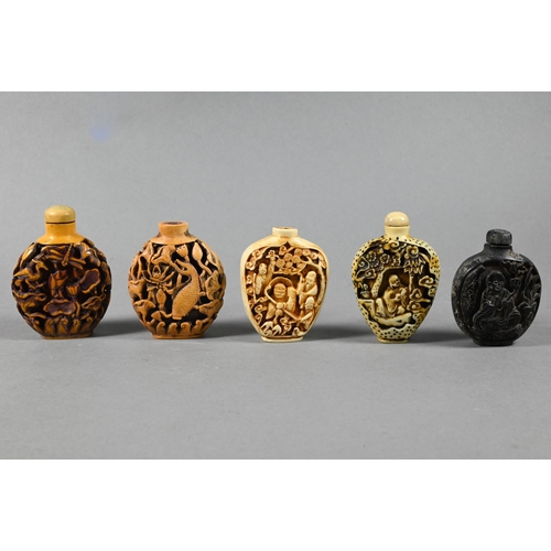 360 - Ten Chinese carved wood and composite moulded snuff bottles (some with stoppers) to/w an inside pain... 