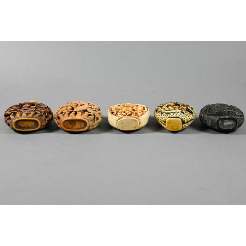 360 - Ten Chinese carved wood and composite moulded snuff bottles (some with stoppers) to/w an inside pain... 