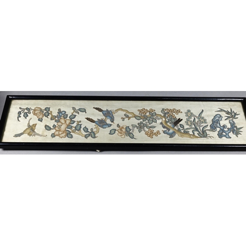 363 - A 19th century Chinese silk embroidered panel with exotic birds perching amongst blossoming fruiting... 