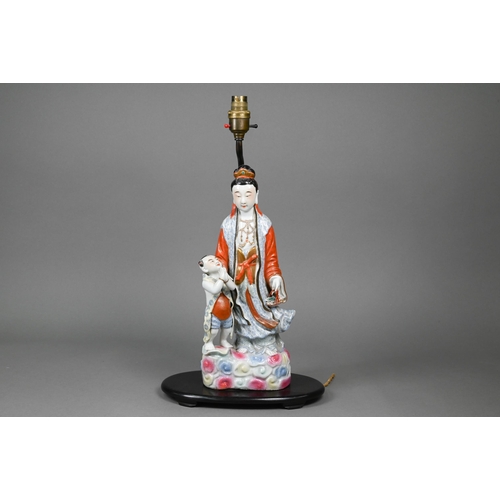 370 - A Chinese table lamp with porcelain figure group of Guanyin with a small child painted in polychrome... 