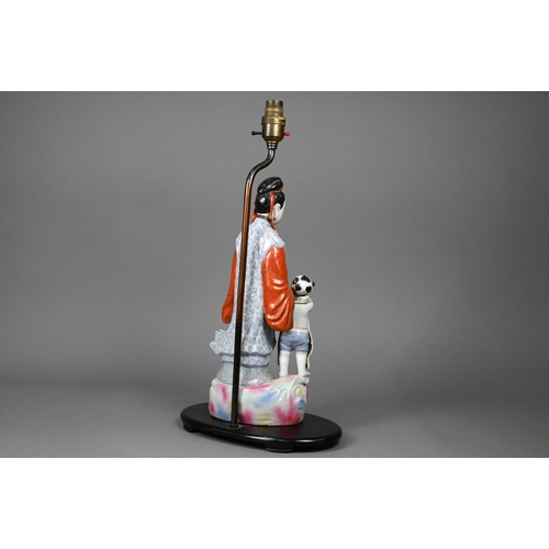 370 - A Chinese table lamp with porcelain figure group of Guanyin with a small child painted in polychrome... 