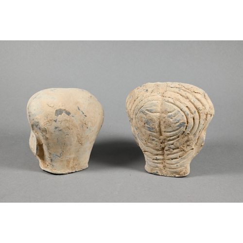 371 - Two antique Chinese hollow terracotta (mingqi) heads of female court attendant tomb figures, probabl... 