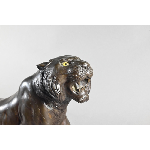 384A - A Japanese Meiji period (1868-1912) bronze prowling tiger signed by Seiya, 35 cm wide to/w a similar... 