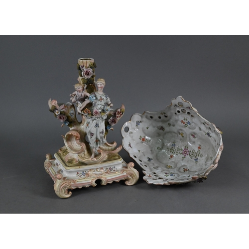 385 - An early 20th century Sitzendorf porcelain lamp-base modelled with a classical female with lute, on ... 