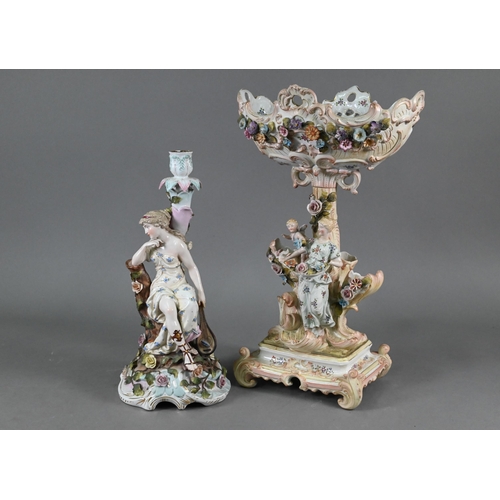 385 - An early 20th century Sitzendorf porcelain lamp-base modelled with a classical female with lute, on ... 