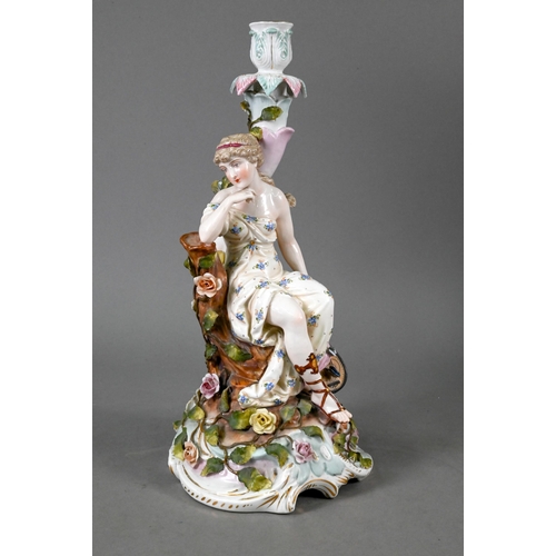 385 - An early 20th century Sitzendorf porcelain lamp-base modelled with a classical female with lute, on ... 