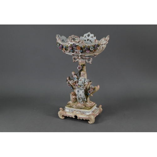 385 - An early 20th century Sitzendorf porcelain lamp-base modelled with a classical female with lute, on ... 