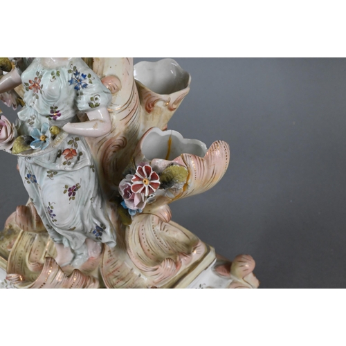 385 - An early 20th century Sitzendorf porcelain lamp-base modelled with a classical female with lute, on ... 