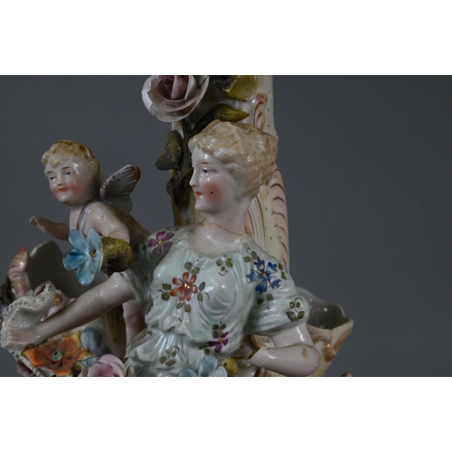 385 - An early 20th century Sitzendorf porcelain lamp-base modelled with a classical female with lute, on ... 