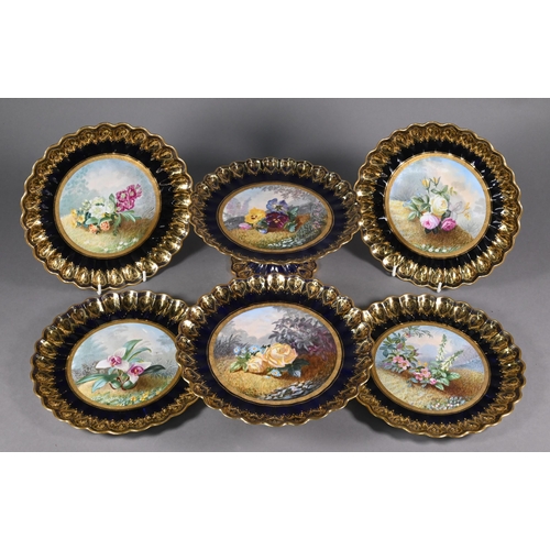 388 - Two Victorian Copeland china cabinet comports and four plates, each individually painted with floral... 